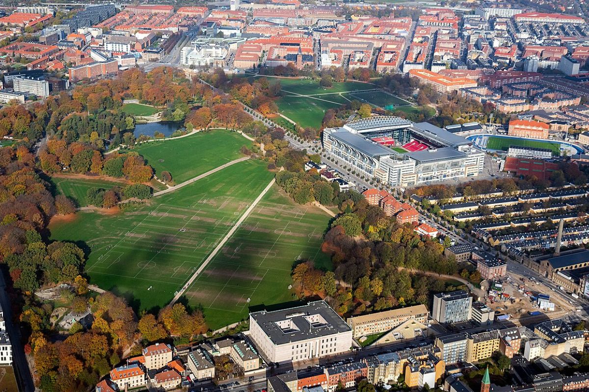 Vista área del Parken Stadion, sede del equipo de fútbol del F.C. København y de la selección de Dinamarca